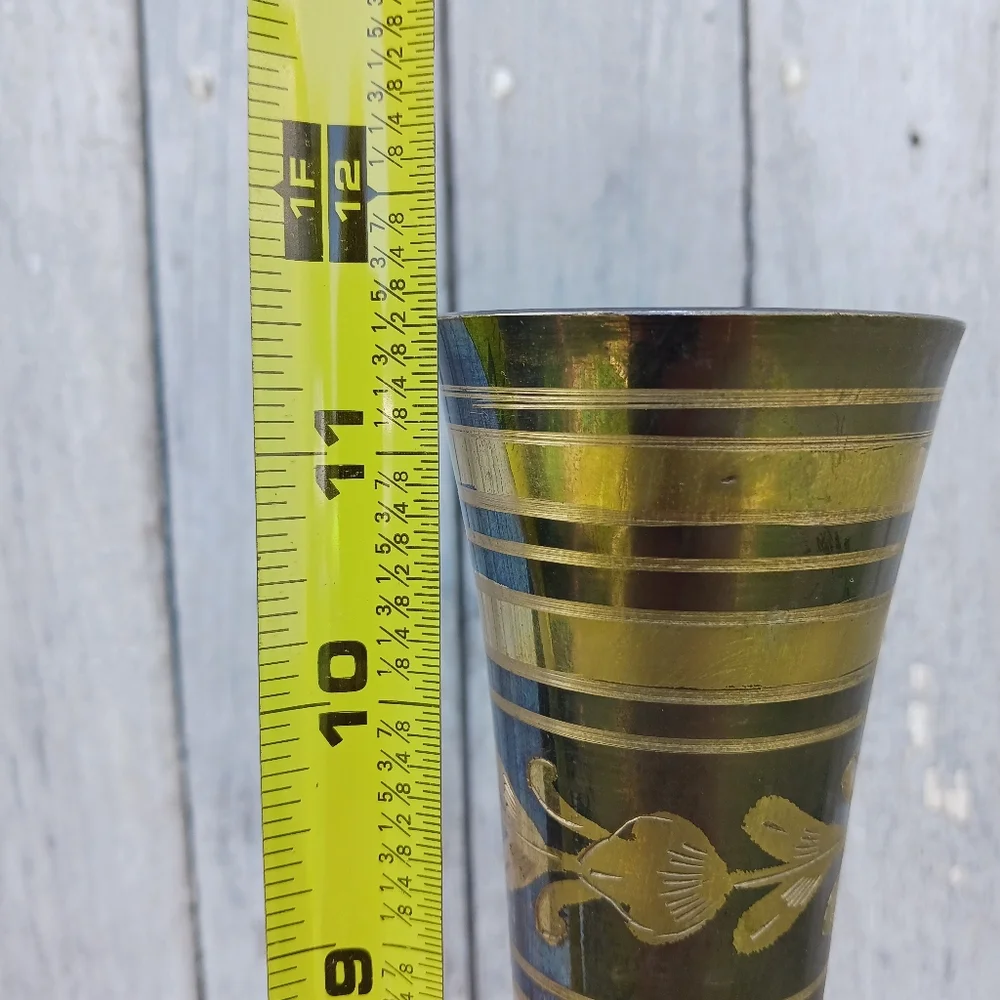 Vtg MCM Indian Brass Metal Fluted Footed Vase Black Patina Etched Floral Pattern